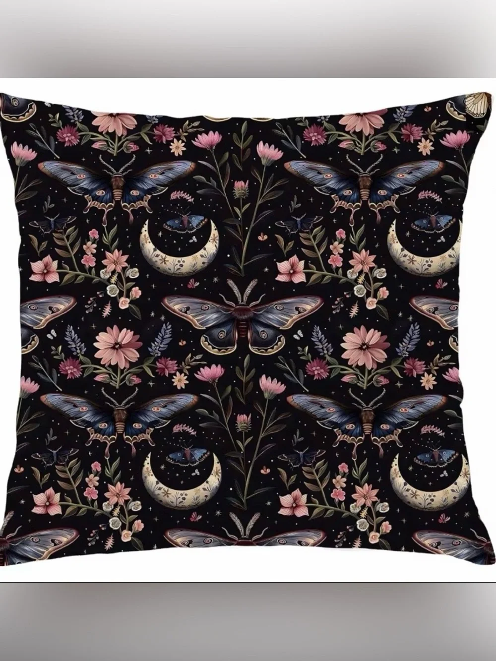Dark Academia Gothic Moth Moon Floral Throw Pillow Cover 16x16 Celestial Dream